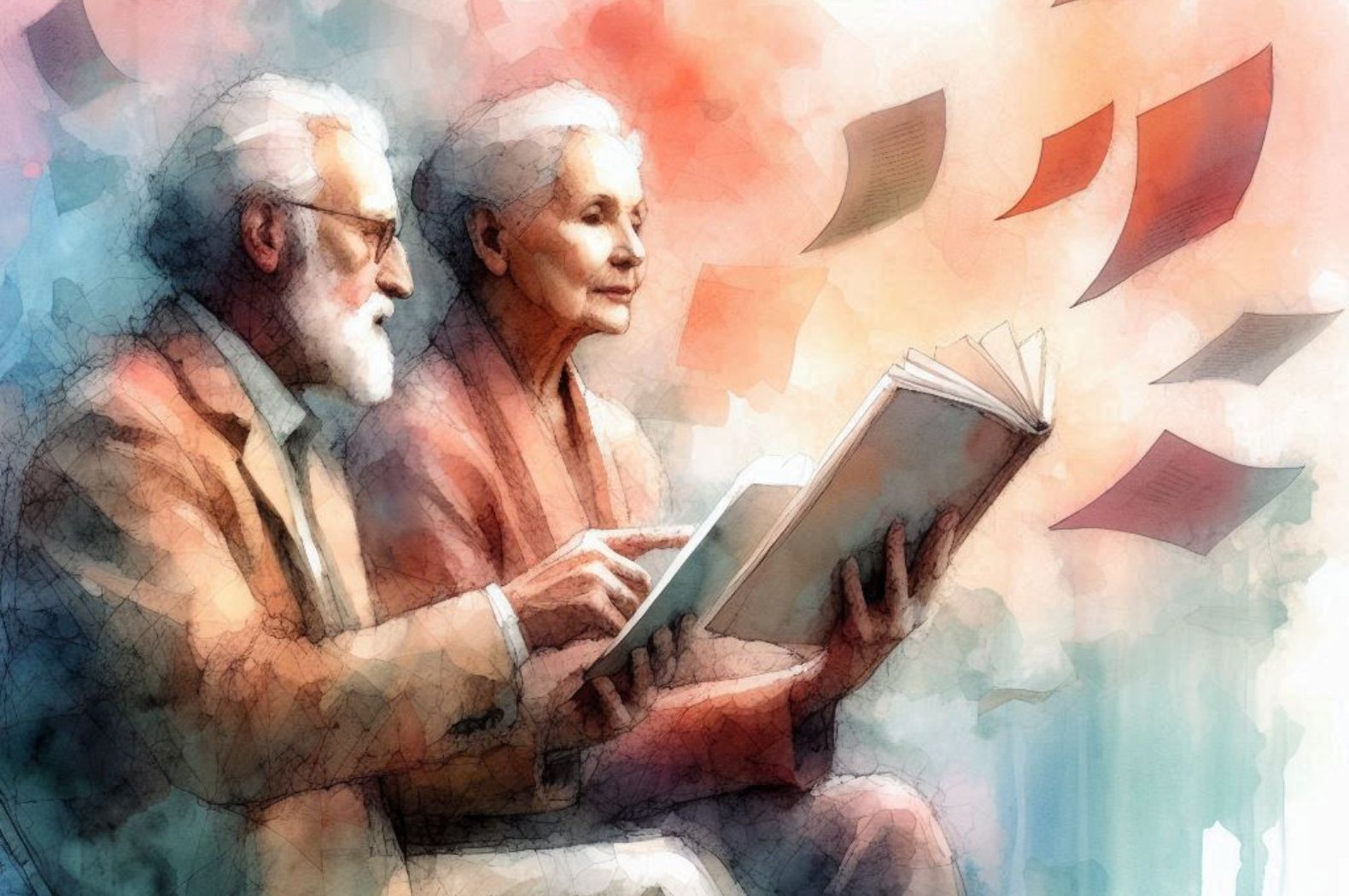 peinture de senior qui regardent un livre, des pages qui s'envolent