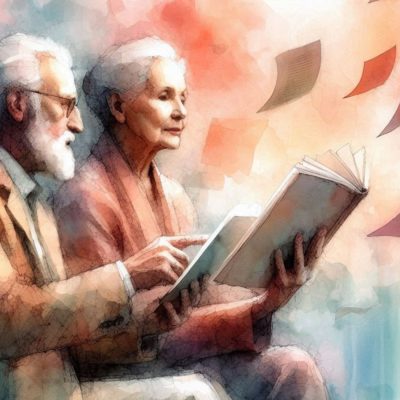 peinture de senior qui regardent un livre, des pages qui s'envolent
